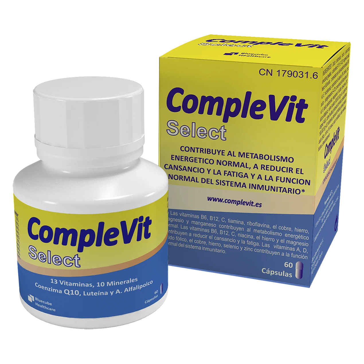 COMPLEVIT SELECT | Es el nuevo polivitamínico que gracias a su exclusiva combinación de vitaminas y minerales, ayuda a recuperar la energía y es eficaz contra el decaimiento, ayuda al sistema inmunitario, protege del estrés oxidativo. Bluecube.