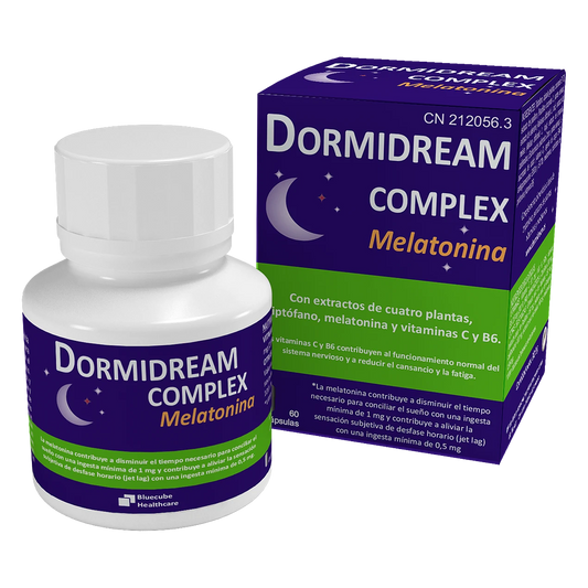 DORMIDREAM COMPLEX MELATONINA  | Con melatonina, extracto de plantas y triptófano que ayudan a la relajación y a un sueño normal. Bluecube