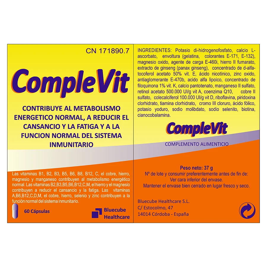 Complevit VITAMINAS Y MINERALES de laboratorios Bluecube. CompleVit, con ginseng, ayuda a recuperar la energía: en cambios de estación, en períodos de exámenes, convalecencia o períodos de desgaste por sobrecarga de trabajo, antes y después de vacaciones