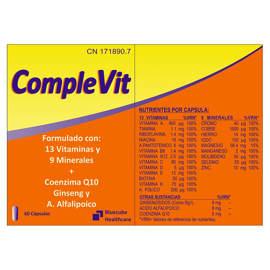 Complevit VITAMINAS Y MINERALES de laboratorios Bluecube. CompleVit, con ginseng, ayuda a recuperar la energía: en cambios de estación, en períodos de exámenes, convalecencia o períodos de desgaste por sobrecarga de trabajo, antes y después de vacaciones