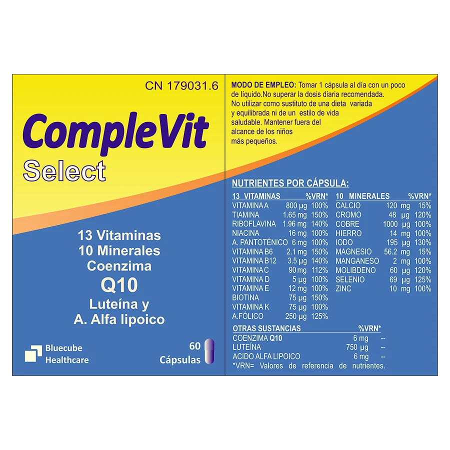 COMPLEVIT SELECT | Es el nuevo polivitamínico que gracias a su exclusiva combinación de vitaminas y minerales, ayuda a recuperar la energía y es eficaz contra el decaimiento, ayuda al sistema inmunitario, protege del estrés oxidativo. Bluecube.