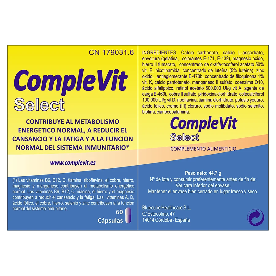 COMPLEVIT SELECT | Es el nuevo polivitamínico que gracias a su exclusiva combinación de vitaminas y minerales, ayuda a recuperar la energía y es eficaz contra el decaimiento, ayuda al sistema inmunitario, protege del estrés oxidativo. Bluecube.