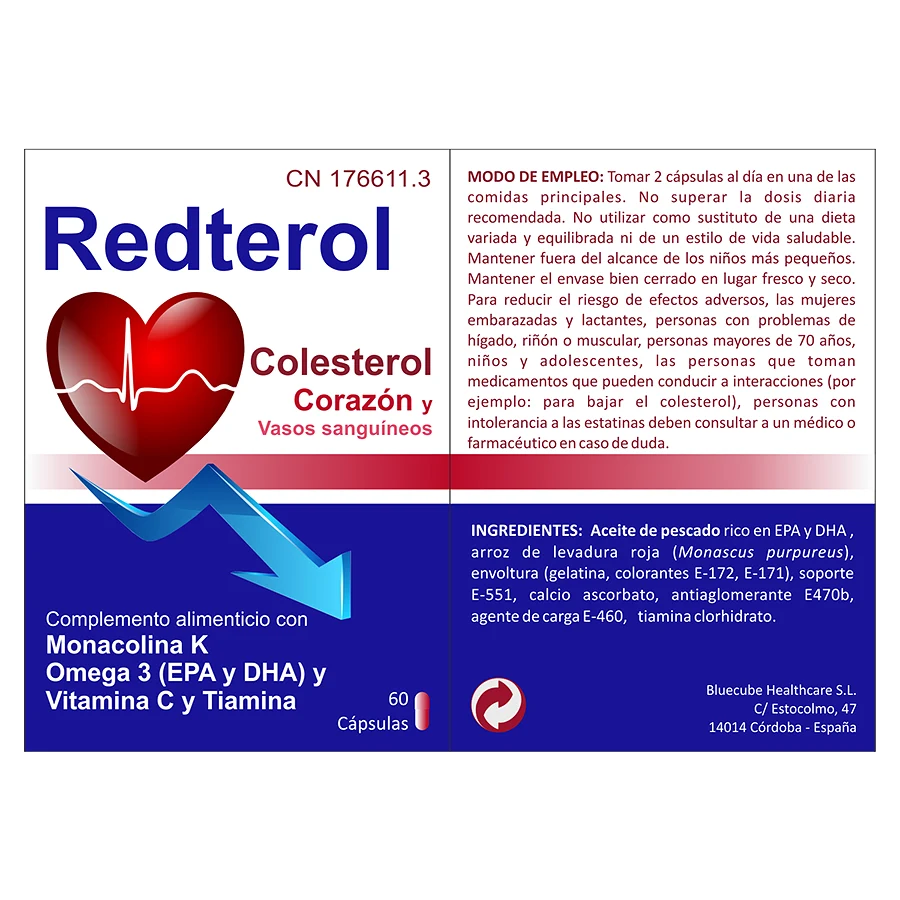 Redterol | Especialmente formulado para ayudarte a mantener los niveles normales de colesterol a la vez que contribuye a un funcionamiento normal del corazón y de los vasos sanguíneos. Bluecube.