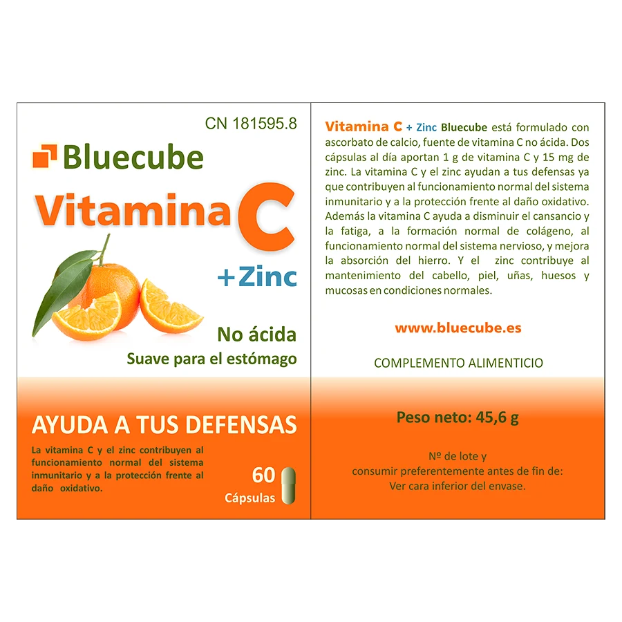 Vitamina C+ Zinc Bluecube | Vitamina C + Zinc Bluecube es un complemento ideal de vitamina C y Zinc, formulado con ascorbato de calcio, fuente de vitamina C no ácida, por lo que es suave para el estómago.