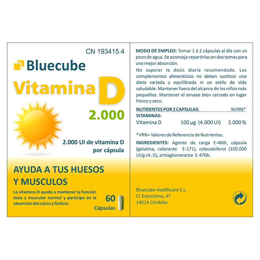 Vitamina D 2000 Bluecube | Ayuda a mantener la función ósea y muscular y participa en la absorción del calcio y del fósforo.  Una cápsula de Vitamina D 2000 Bluecube, contiene 2.000 UI (50 microgramos) de vitamina D.