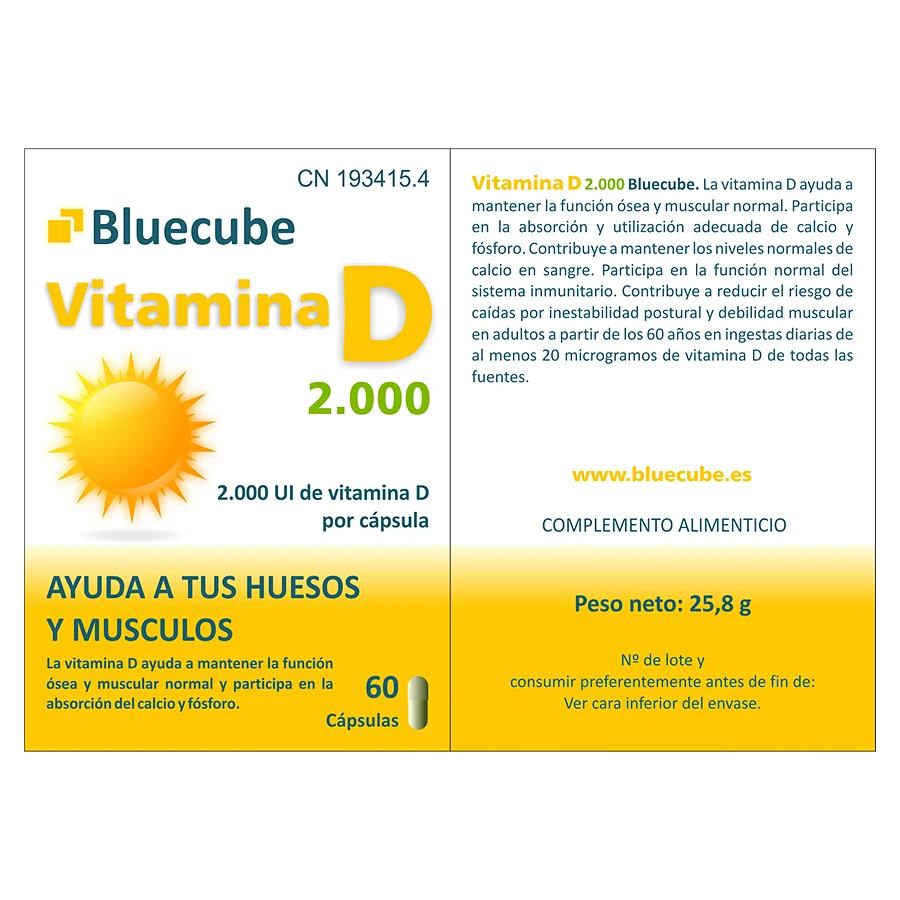 Vitamina D 2000 Bluecube | Ayuda a mantener la función ósea y muscular y participa en la absorción del calcio y del fósforo.  Una cápsula de Vitamina D 2000 Bluecube, contiene 2.000 UI (50 microgramos) de vitamina D.