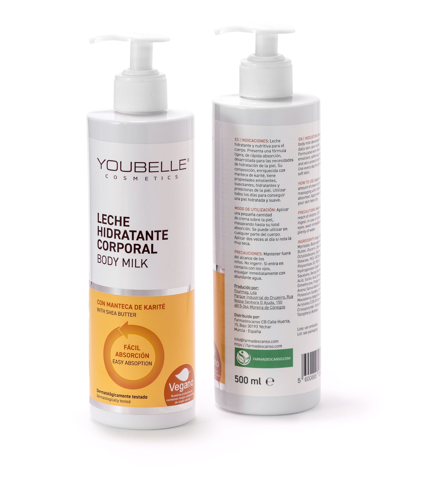 YOUBELLE FARMADESCANSO Leche Hidratante Corporal 500ml | Vegana | Rápida y Ligera Absorción | Nutre y Rejuvenece Tu Piel