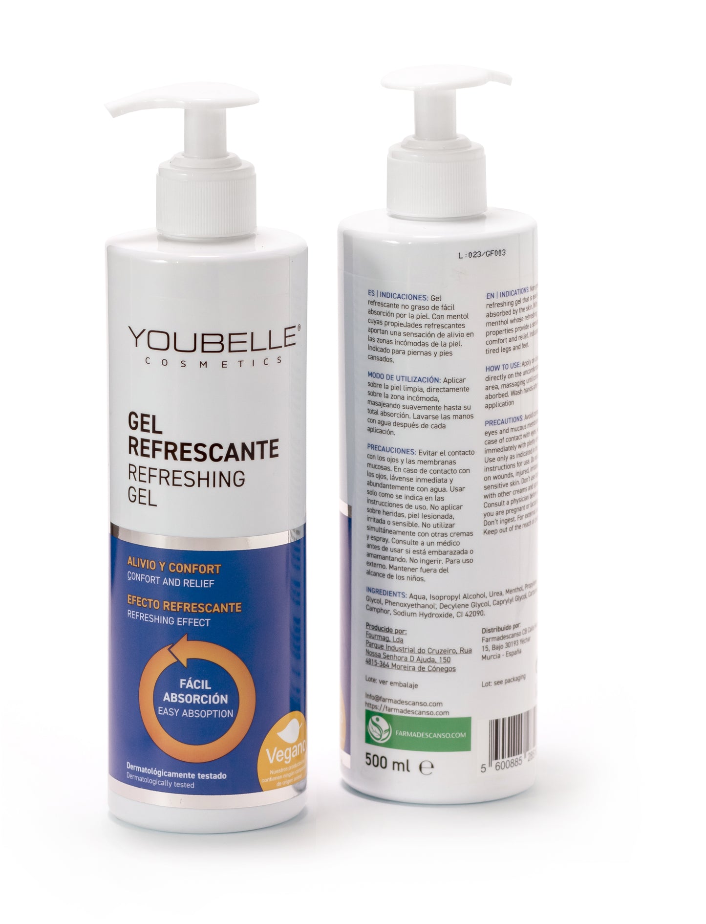 YOUBELLE FARMADESCANSO Gel Refrescante 500 ml Piernas Cansadas | No Graso | Fácil Absorción | Aroma Mentol | Frescor | Alivio