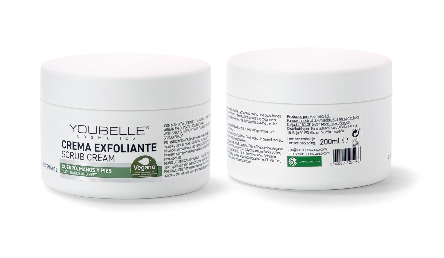 YOUBELLE FARMADESCANSO Crema Exfoliante |  Cuerpo, Manos y Pies | Ingredientes Naturales | Manteca Karité y Argán