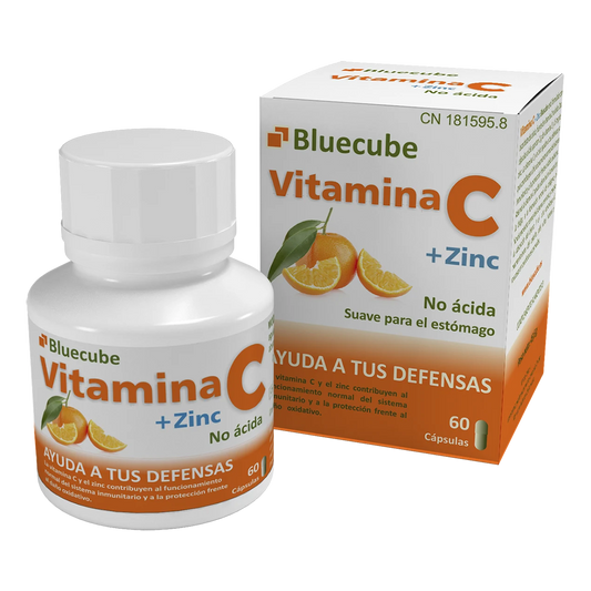 Vitamina C+ Zinc Bluecube | Vitamina C + Zinc Bluecube es un complemento ideal de vitamina C y Zinc, formulado con ascorbato de calcio, fuente de vitamina C no ácida, por lo que es suave para el estómago.