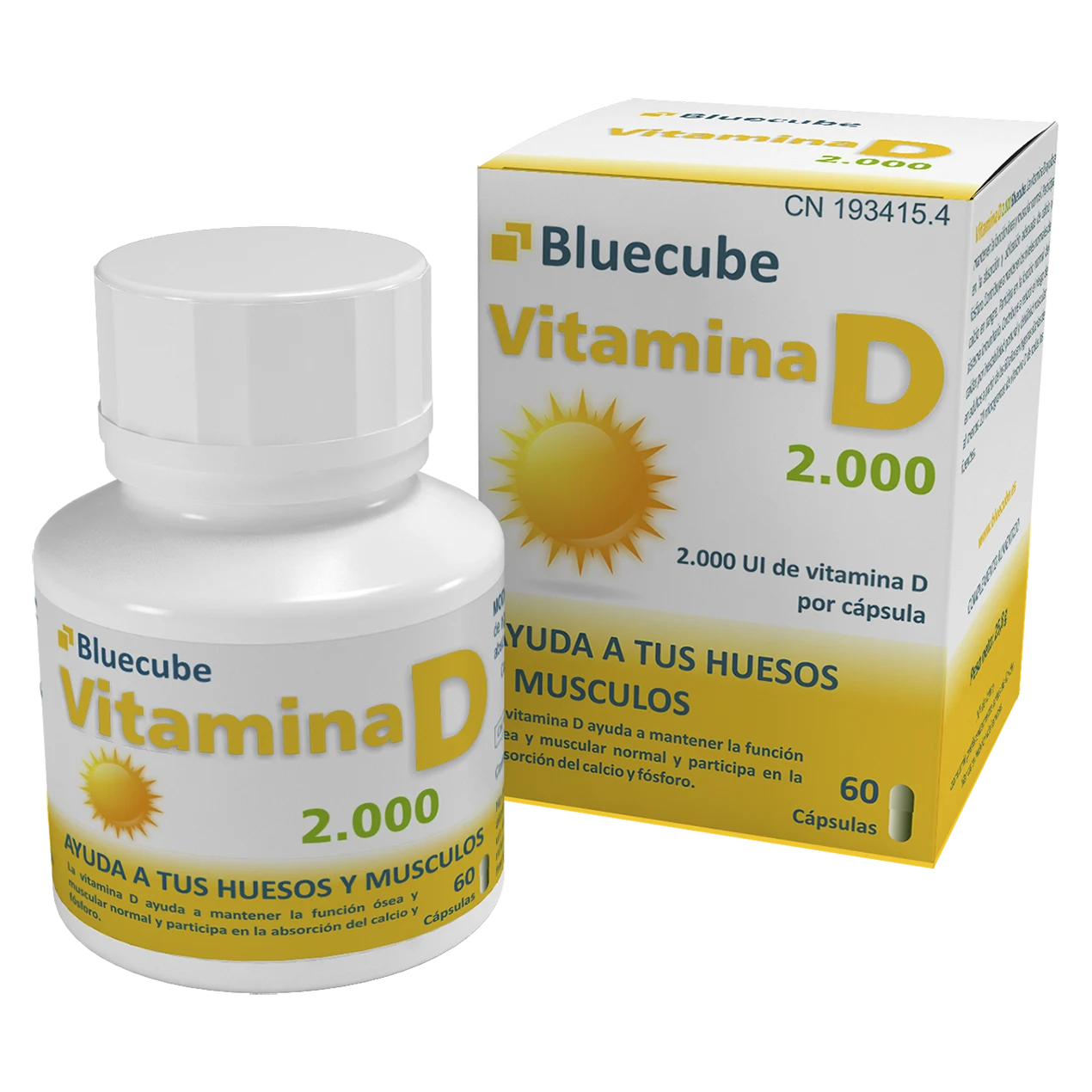 Vitamina D 2000 Bluecube | Ayuda a mantener la función ósea y muscular y participa en la absorción del calcio y del fósforo.  Una cápsula de Vitamina D 2000 Bluecube, contiene 2.000 UI (50 microgramos) de vitamina D.