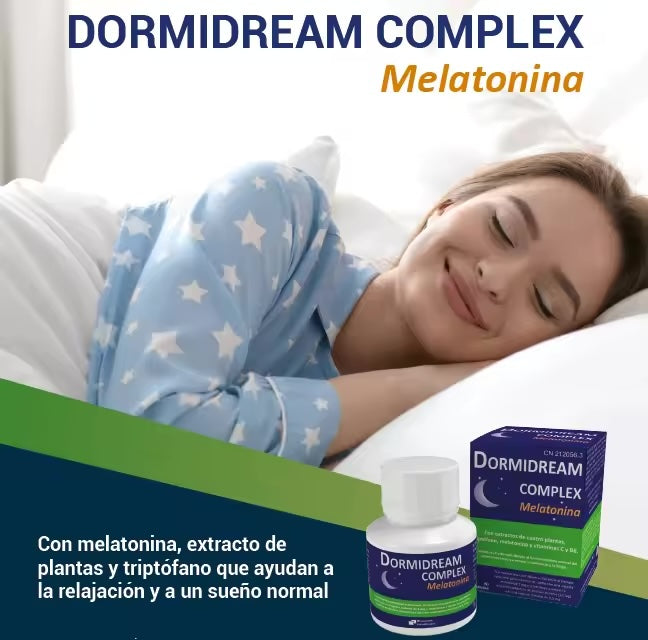 DORMIDREAM COMPLEX MELATONINA  | Con melatonina, extracto de plantas y triptófano que ayudan a la relajación y a un sueño normal. Bluecube